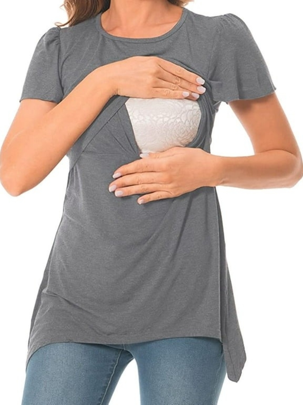 Grey Nursing-Friendly Short Sleeve Women's Top and bra